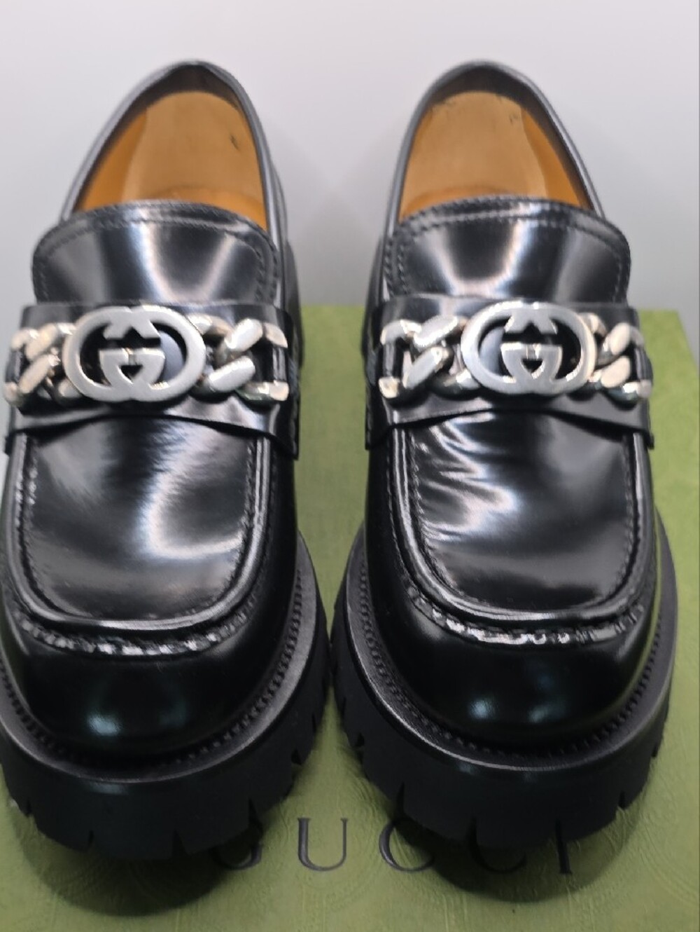 Gucci Black Patent Leather Platform Chain Loafers - Picture 8 of 12